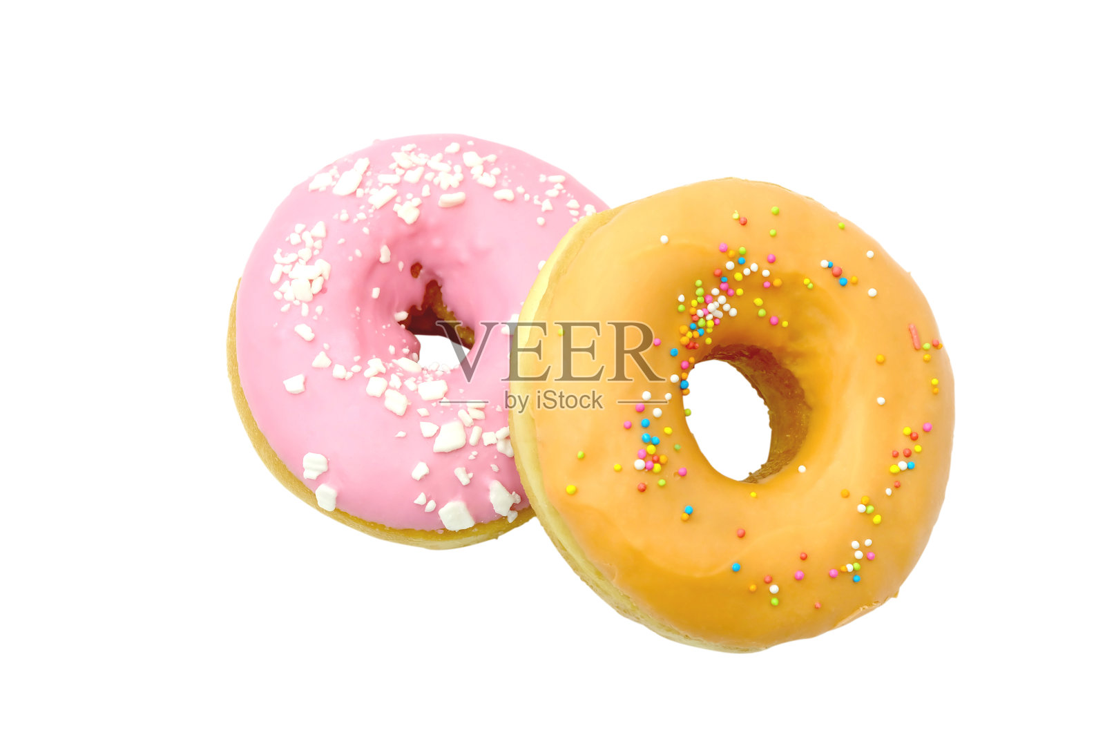 美味的两个甜甜圈与顶部孤立的白色背景。照片摄影图片