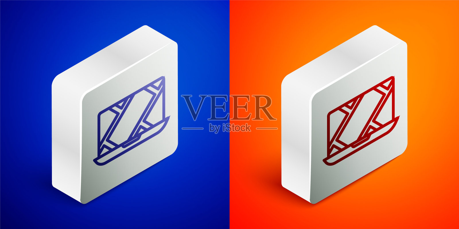 城市地图导航图标隔离在蓝色和橙色背景上的等距线信息图。笔记本应用程序界面概念设计。地理定位的概念。银色方形按钮。矢量图图标素材