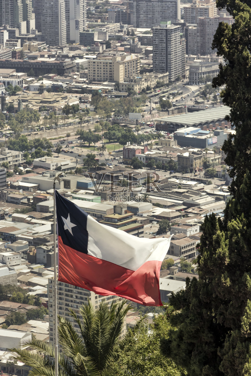 智利国旗以智利首都圣地亚哥为背景飘扬。照片摄影图片