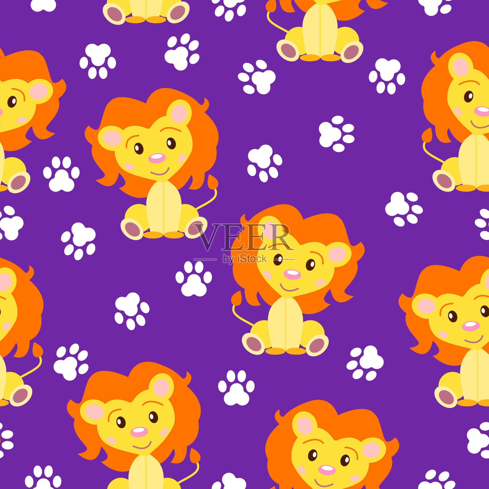 快乐的小狮子坐着。黄色和橙色。紫色的背景。无缝模式。平的卡通风格。有趣和可爱。爪印。非洲的动物。用于明信片、墙纸、纺织品和包装纸插画图片素材