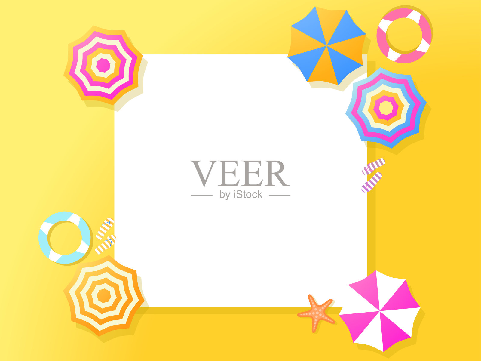 夏天的框架。海滩,俯视图。沙滩上的沙滩伞。平面设计风格。放置文本,网页横幅。矢量图插画图片素材