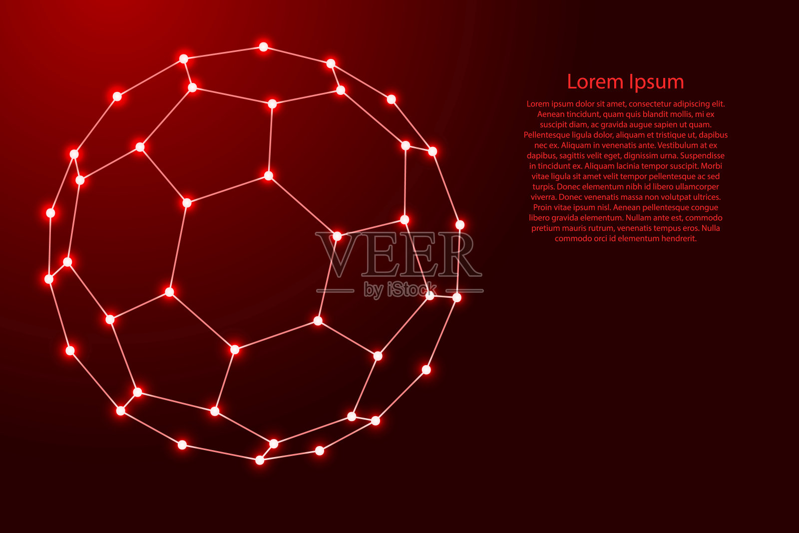 富勒烯,一种分子化合物,由未来的多边形红线和发光的星星组成的凸封闭多面体,用于横幅,海报,贺卡。矢量插图。插画图片素材