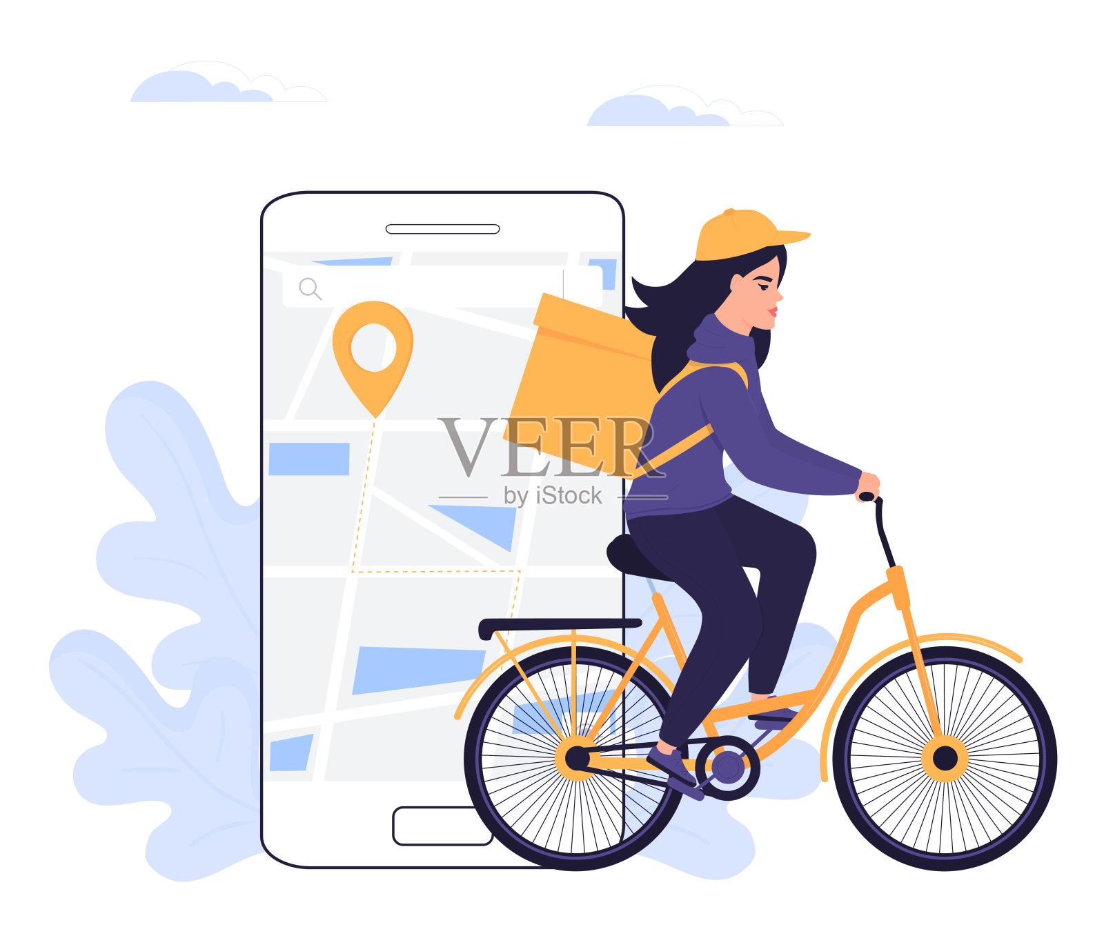 女快递员骑自行车送包裹。在网上订餐。插画图片素材