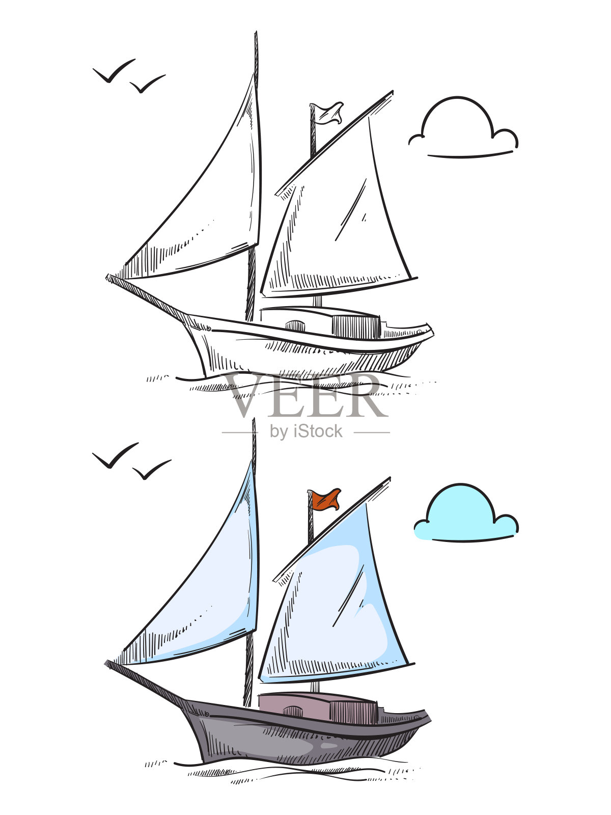 着色。手绘船孤立的白色背景插画图片素材