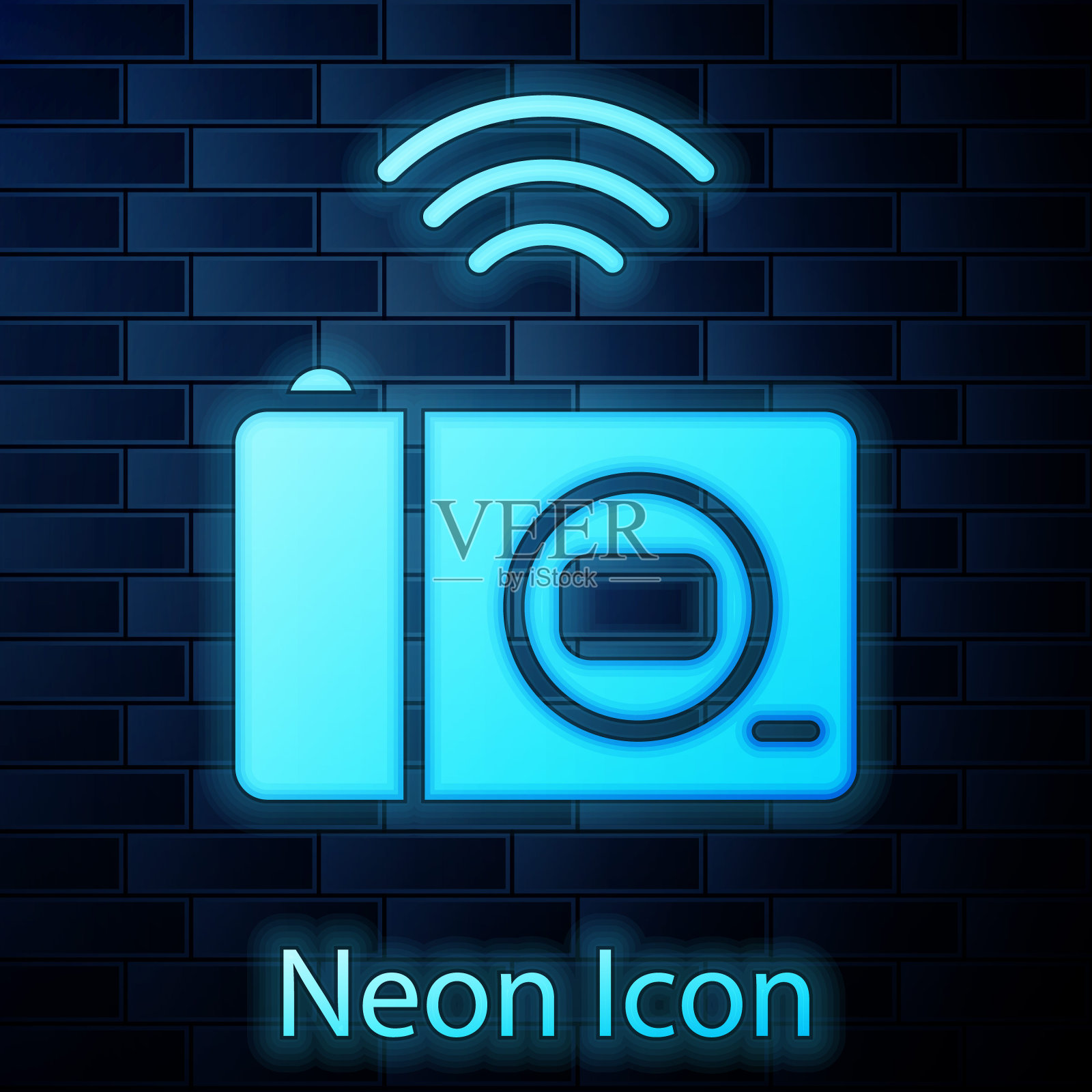 发光霓虹灯智能摄影系统图标孤立在砖墙背景。物联网概念与无线连接。向量图标素材