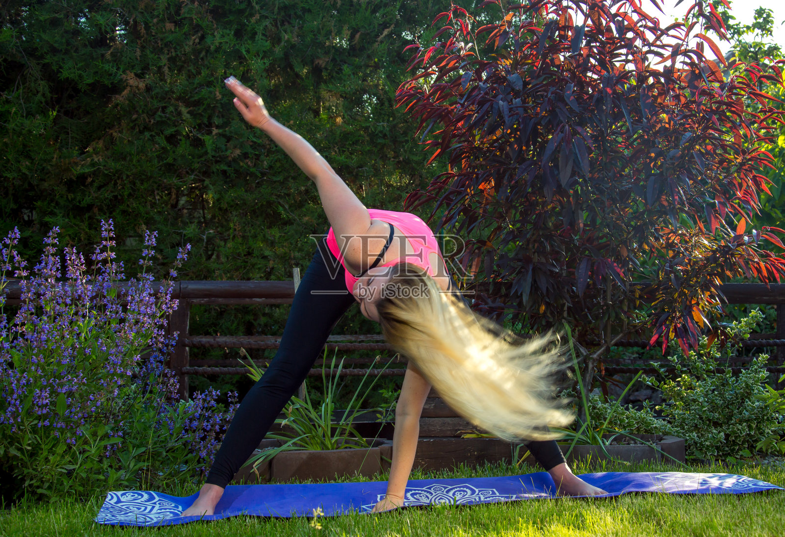 健康的生活方式理念。年轻女子在日落时分做运动。绿色植物和草有助于改善呼吸。照片摄影图片