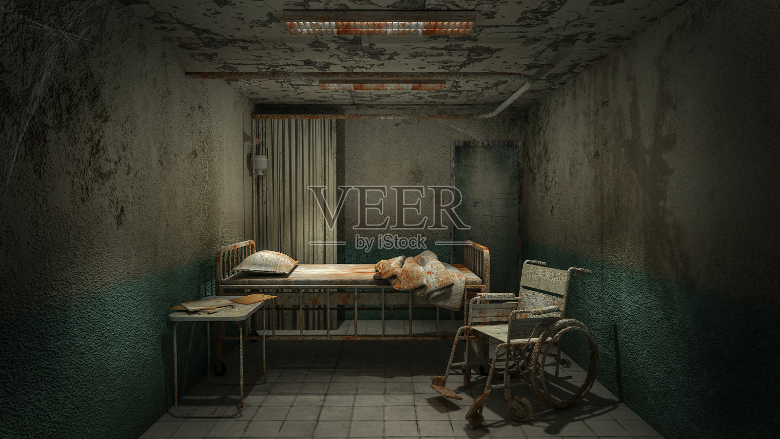 恐怖和令人毛骨悚然的医院病房里的血。3d渲染照片摄影图片