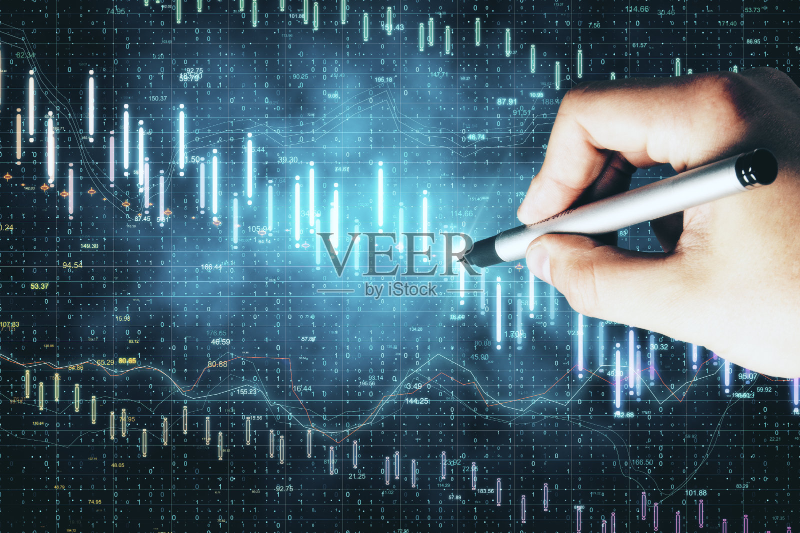 商人手绘股市崩盘统计全息图照片摄影图片