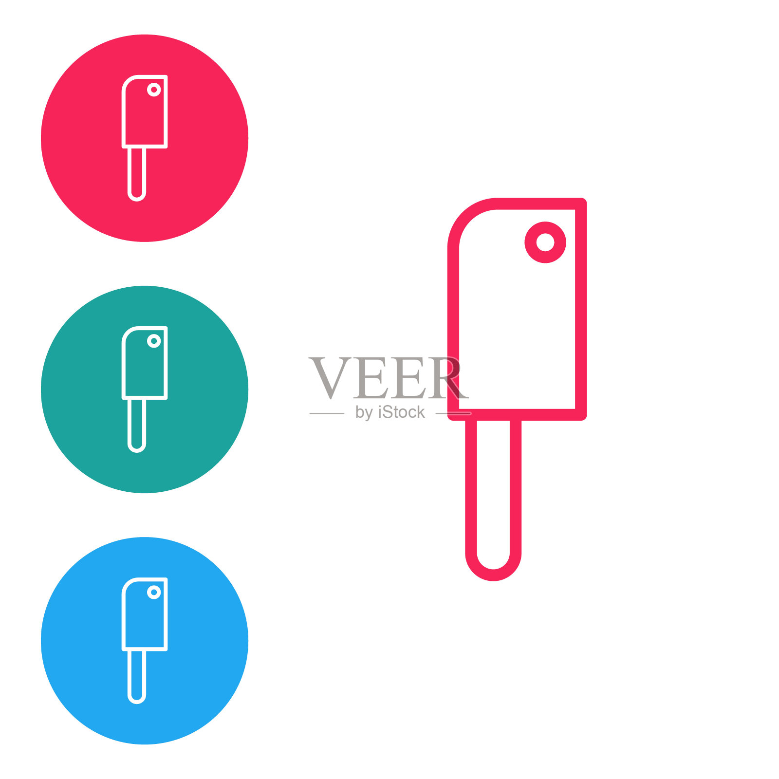 红色线肉菜刀图标孤立在白色背景。菜刀用来切肉。切肉刀。在圆形按钮中设置图标。矢量图图标素材