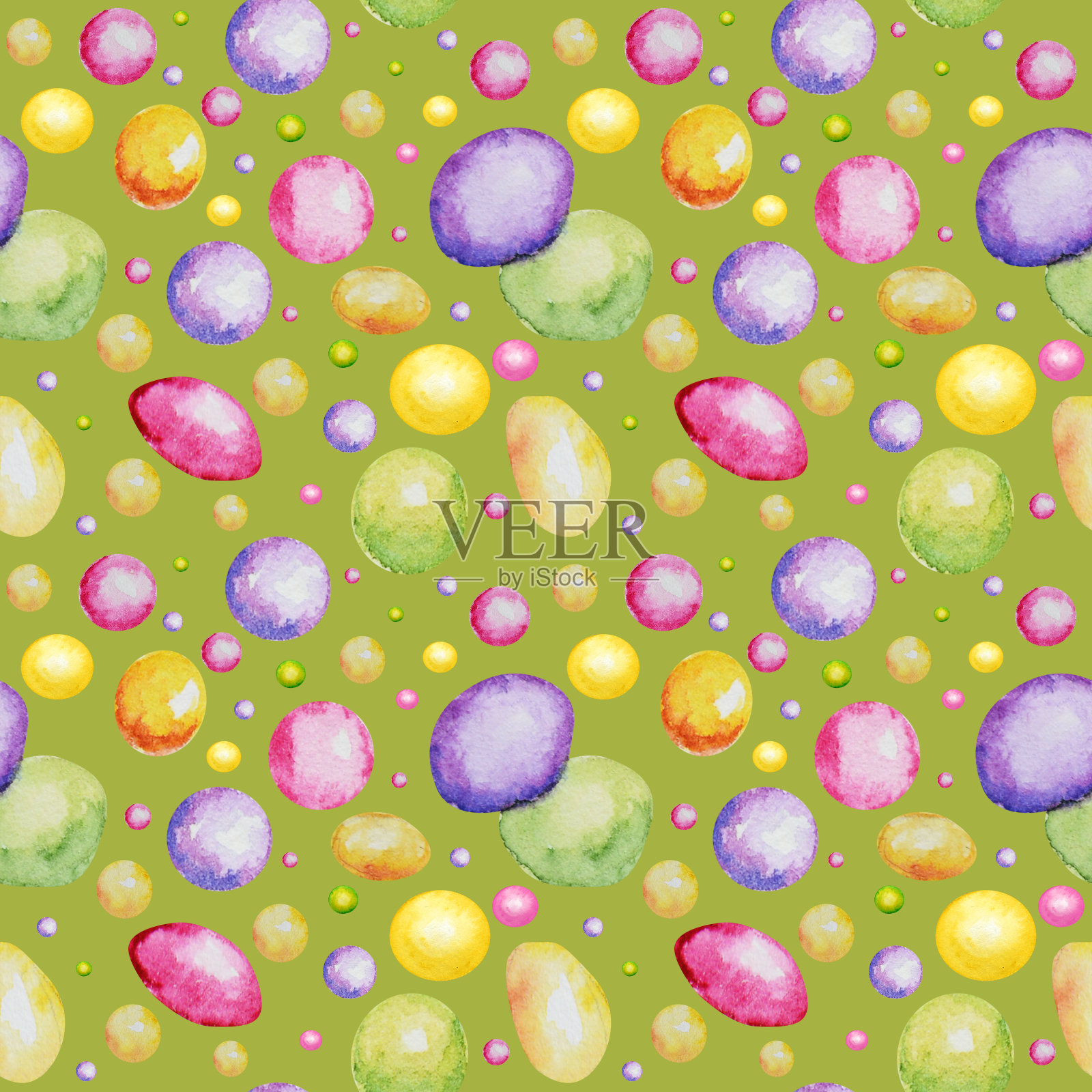 糖果色彩鲜艳,糖果图案无缝。水彩手绘糖果棒棒糖插画在绿色的背景。面料质感,剪贴纸设计插画图片素材
