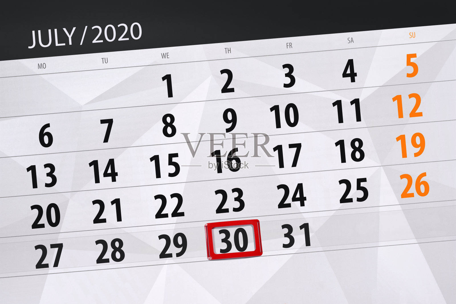 2020年7月的日历计划,截止日期,30日,周四设计模板素材