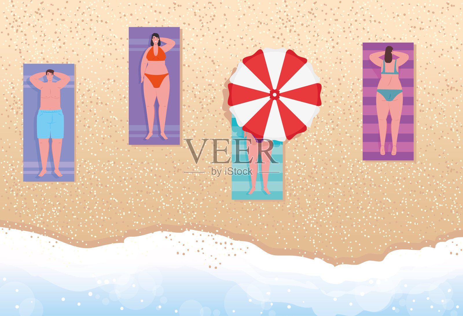 鸟瞰,海滩上的人,女人和男人在海滩上晒日光浴,暑假季节插画图片素材