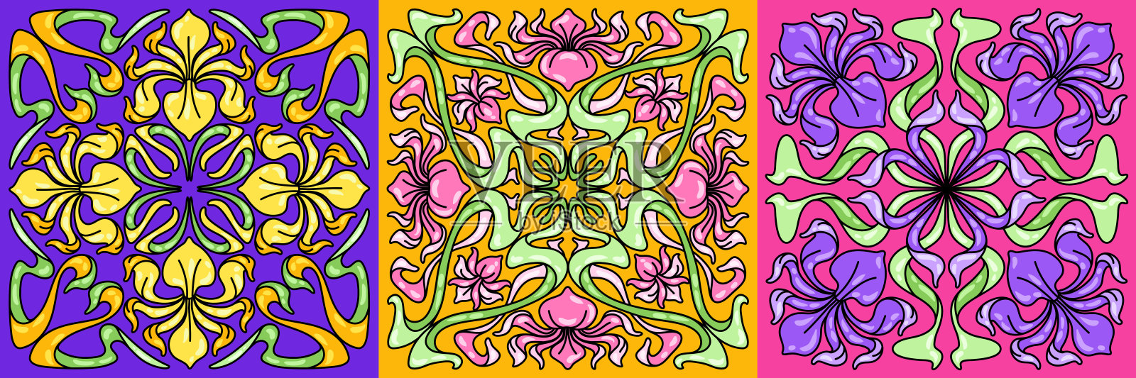 新艺术风格复古瓷砖花卉图案插画图片素材