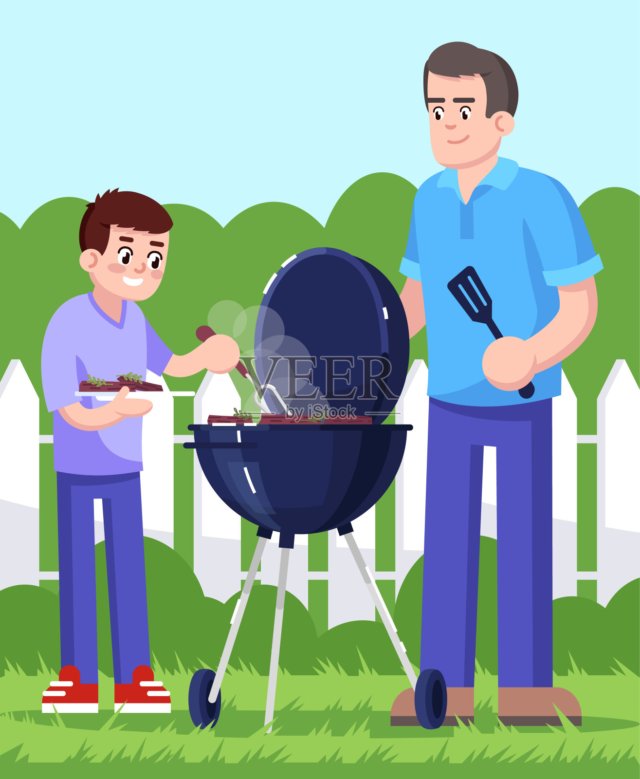 爸爸和儿子一起在外面做烧烤平面矢量插画。野餐,郊游,夏日休闲,微笑的人们,父亲和孩子户外商业卡通人物设计元素图片