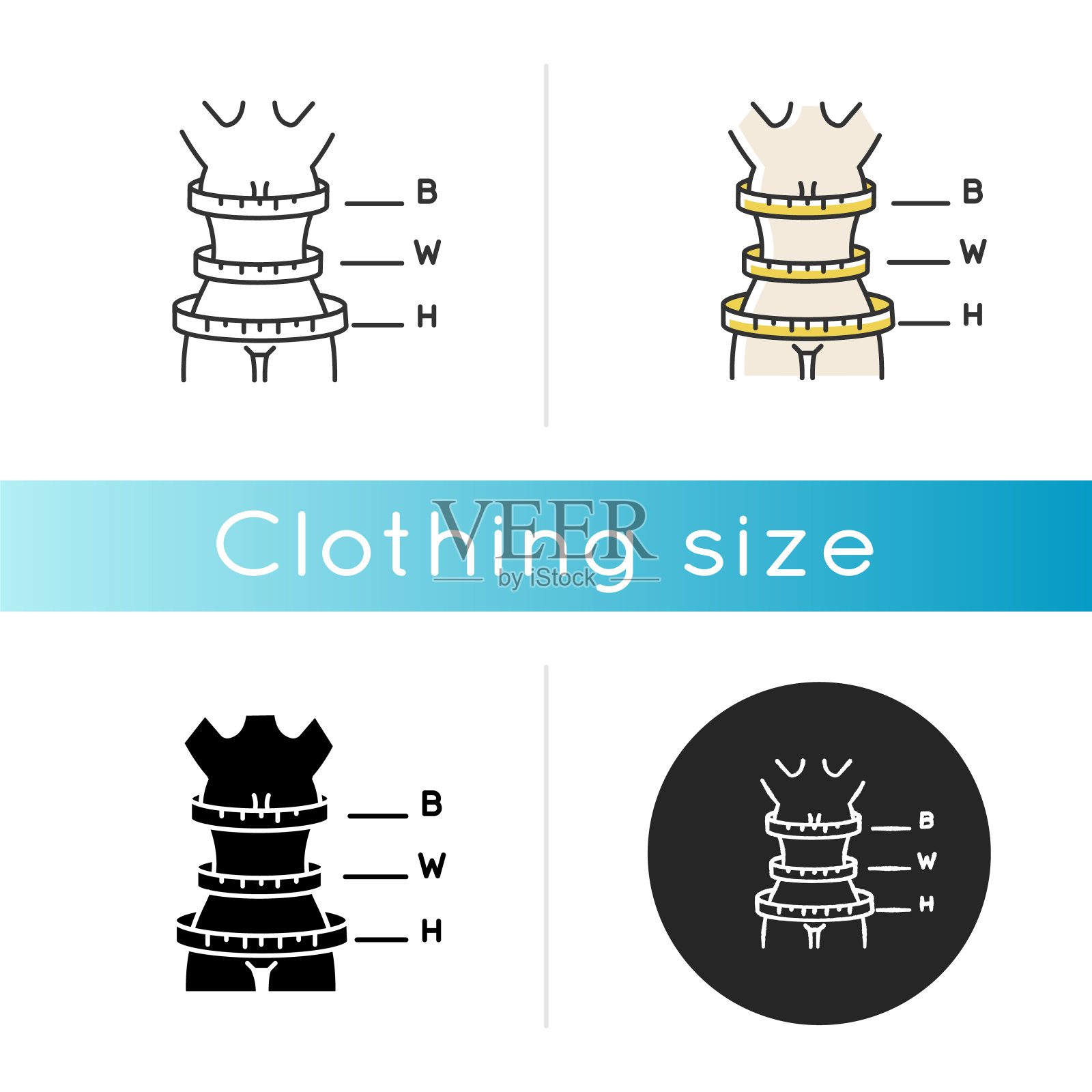 女性身体比例图标。线性黑色和RGB颜色样式。女性尺码,定制服装尺寸规格。胸部,腰部和臀部的周长。孤立矢量图插画图片素材