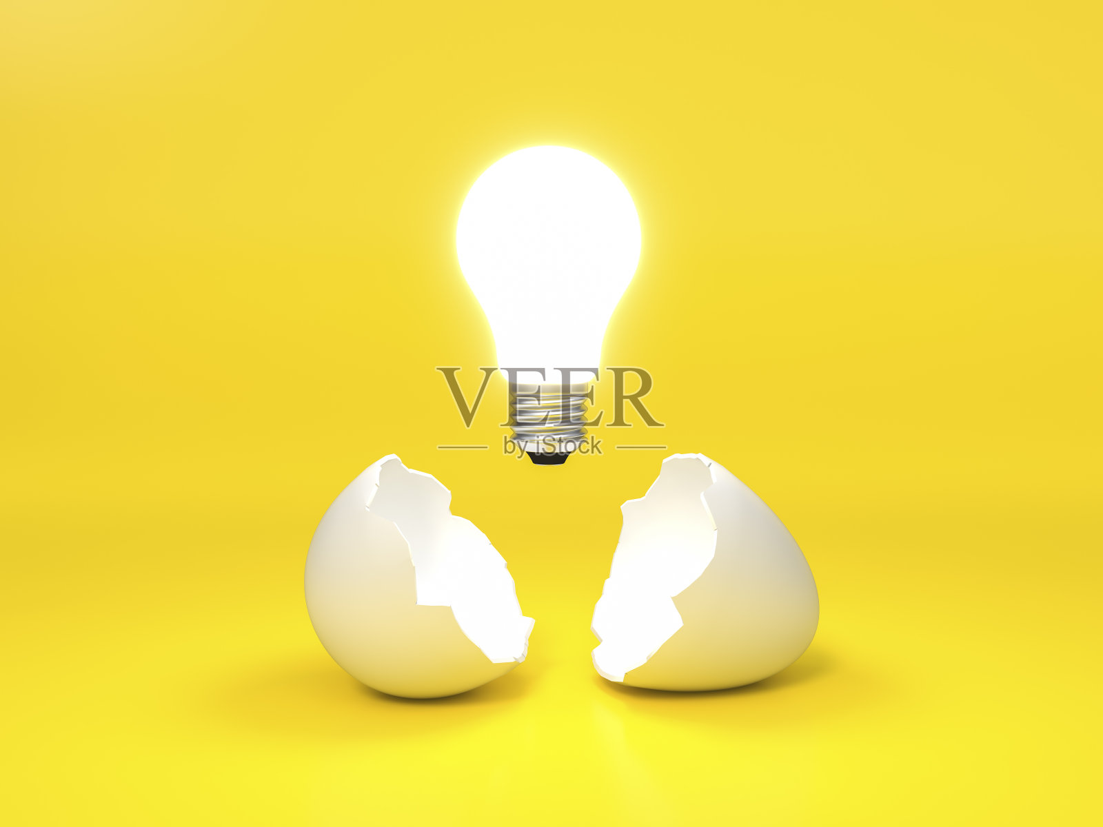 逼真的灯泡3d渲染。带鸡蛋的发光灯被打碎在黄色的背景上。创意和创新灯泡3d商业和电力室内灯光装饰最小概念照片摄影图片