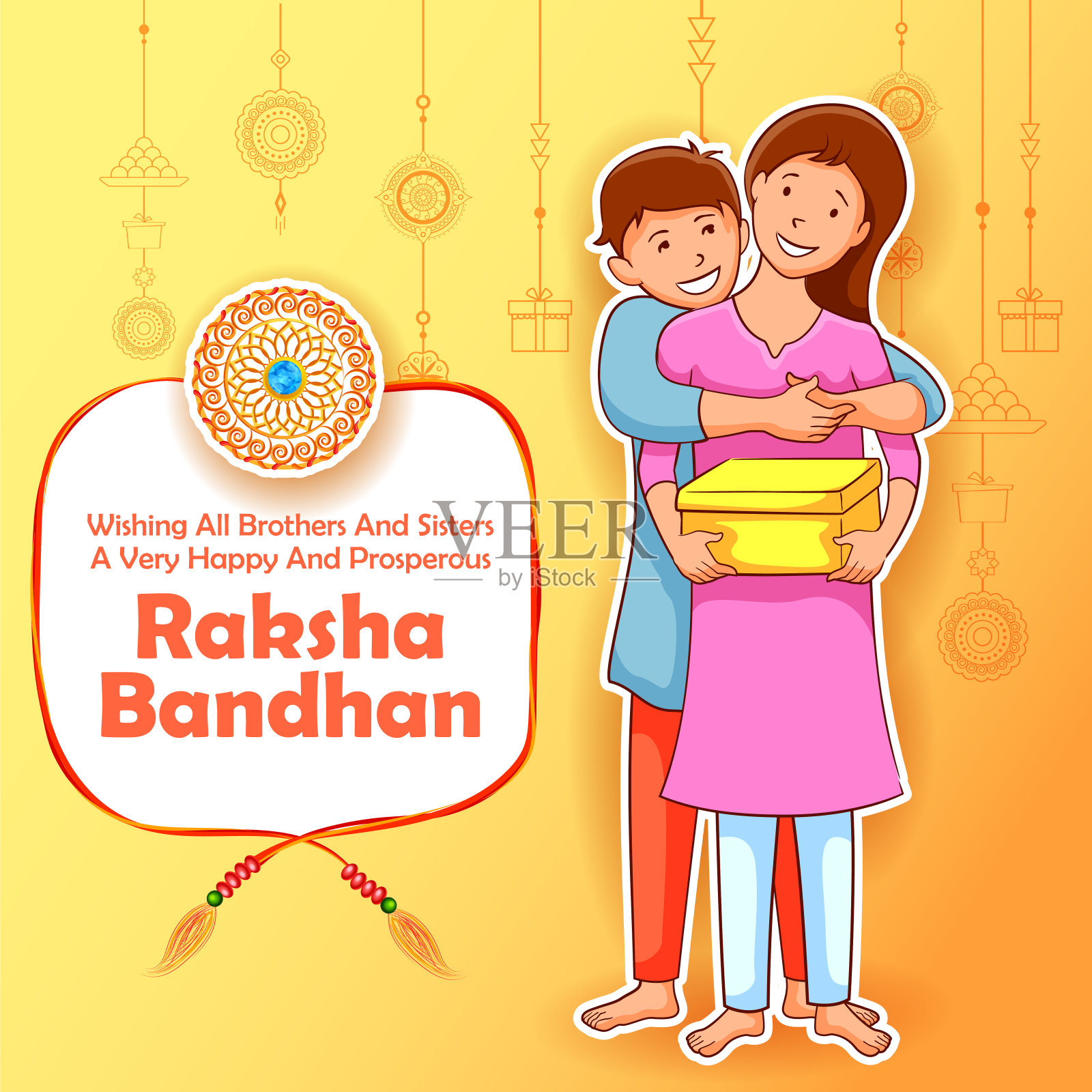 贺卡和模板横幅与装饰Raksha Bandhan Rakhi,印度节日为兄弟姐妹团结庆祝插画图片素材