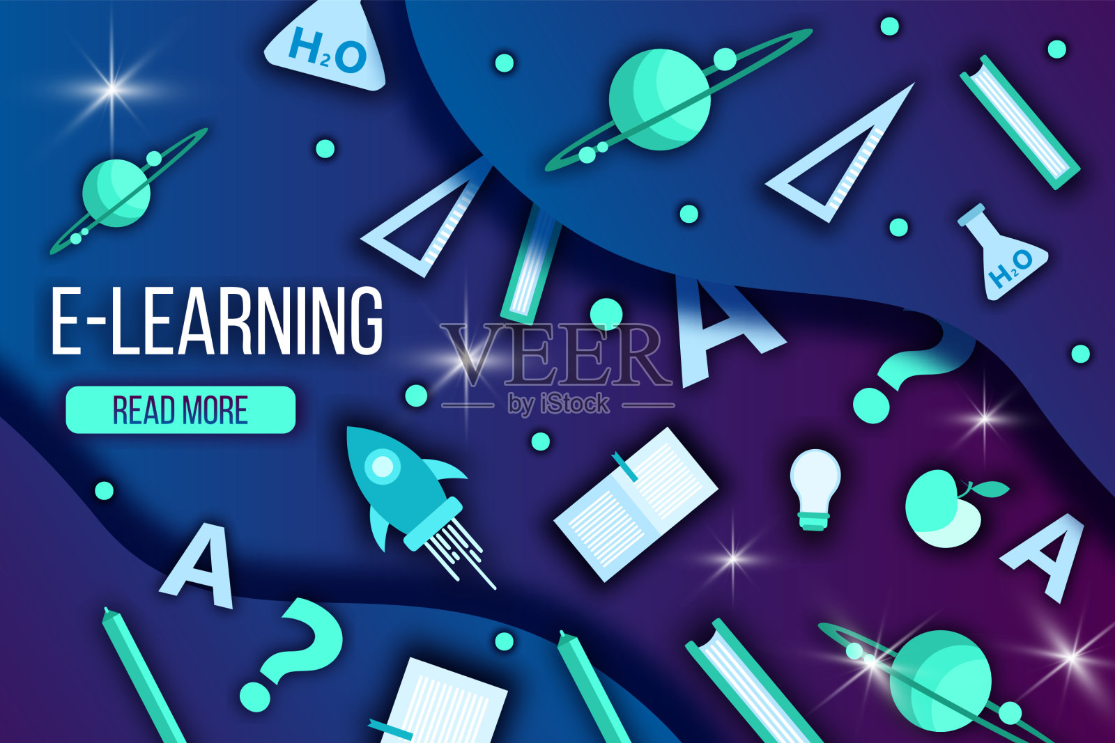 在线数字教育插图网站与科学图标,知识符号,火箭,行星,书籍,苹果。插画图片素材