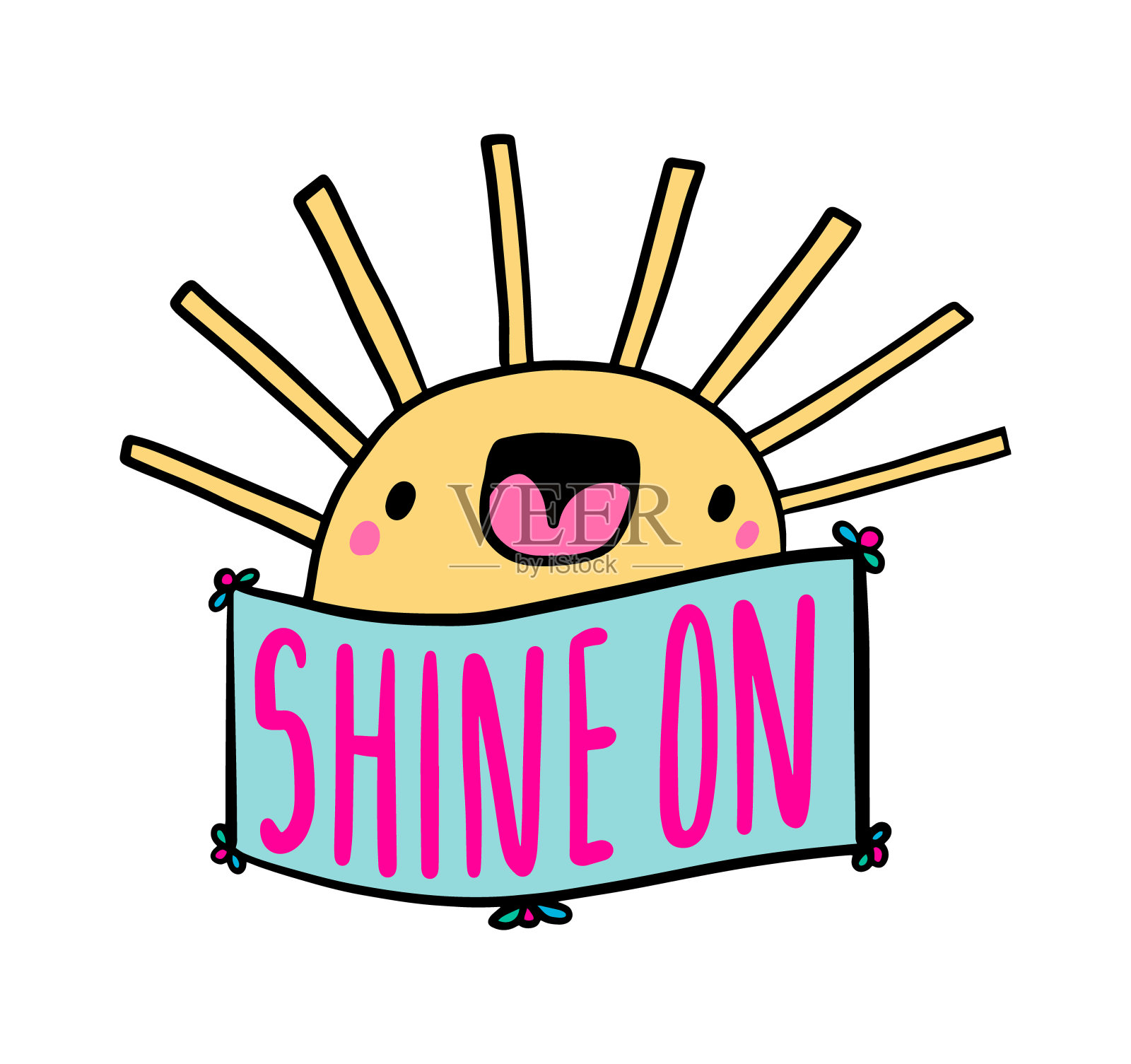 照耀在手绘矢量插图卡通漫画风格微笑太阳符号插画图片素材