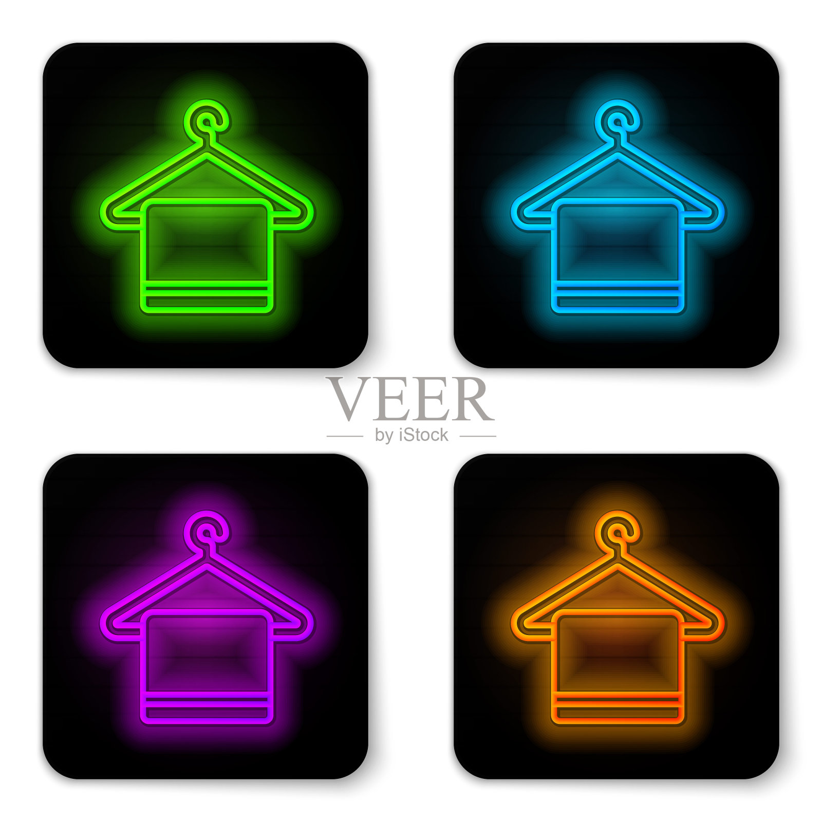 发光的霓虹线毛巾在一个挂钩图标孤立在白色的背景。浴室毛巾图标。黑色方形按钮。矢量图图标素材