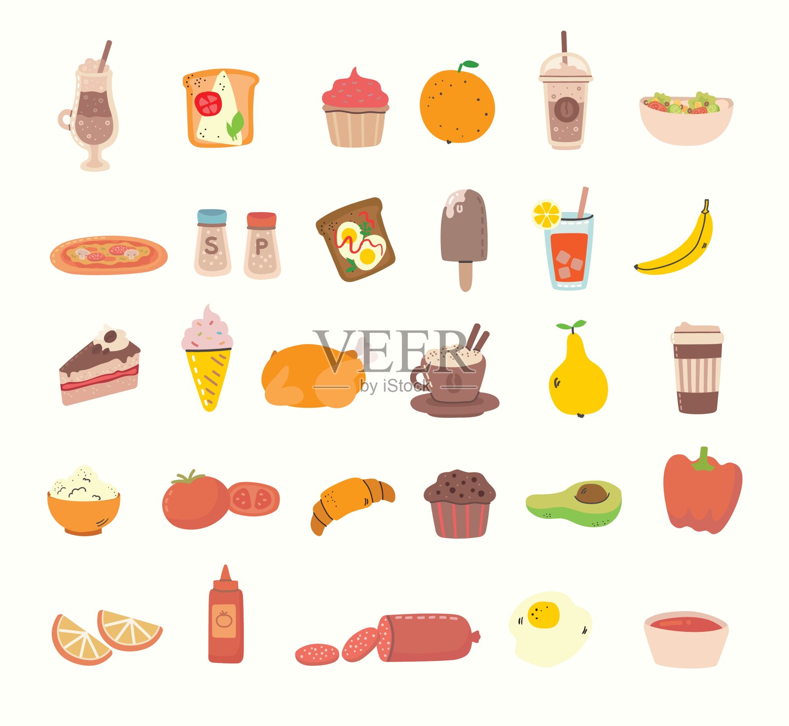 大的一套美味的食物和饮料相关的对象和图标。现代矢量平面风格的插图插画图片素材