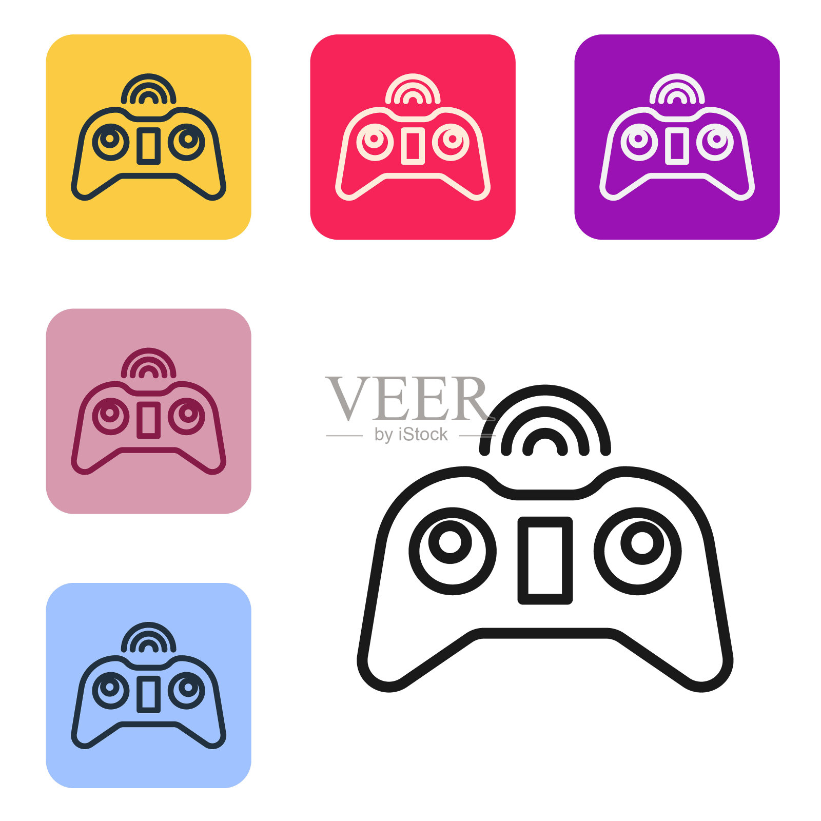 黑线无线手柄图标隔离在白色背景。游戏控制器。设置图标的颜色方形按钮。矢量图图标素材