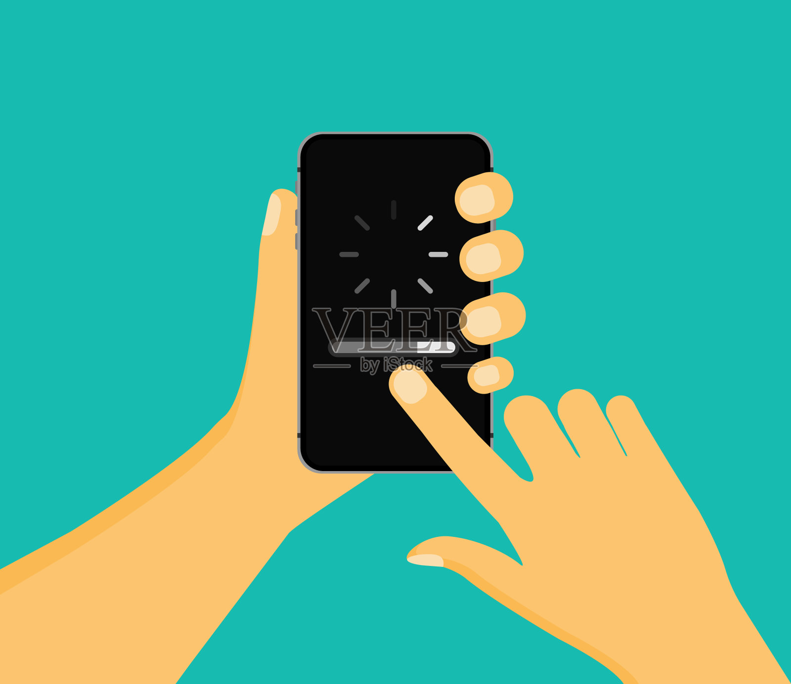 一名男子左手拿着智能手机,右手的手指触碰到屏幕。点击下载插画图片素材