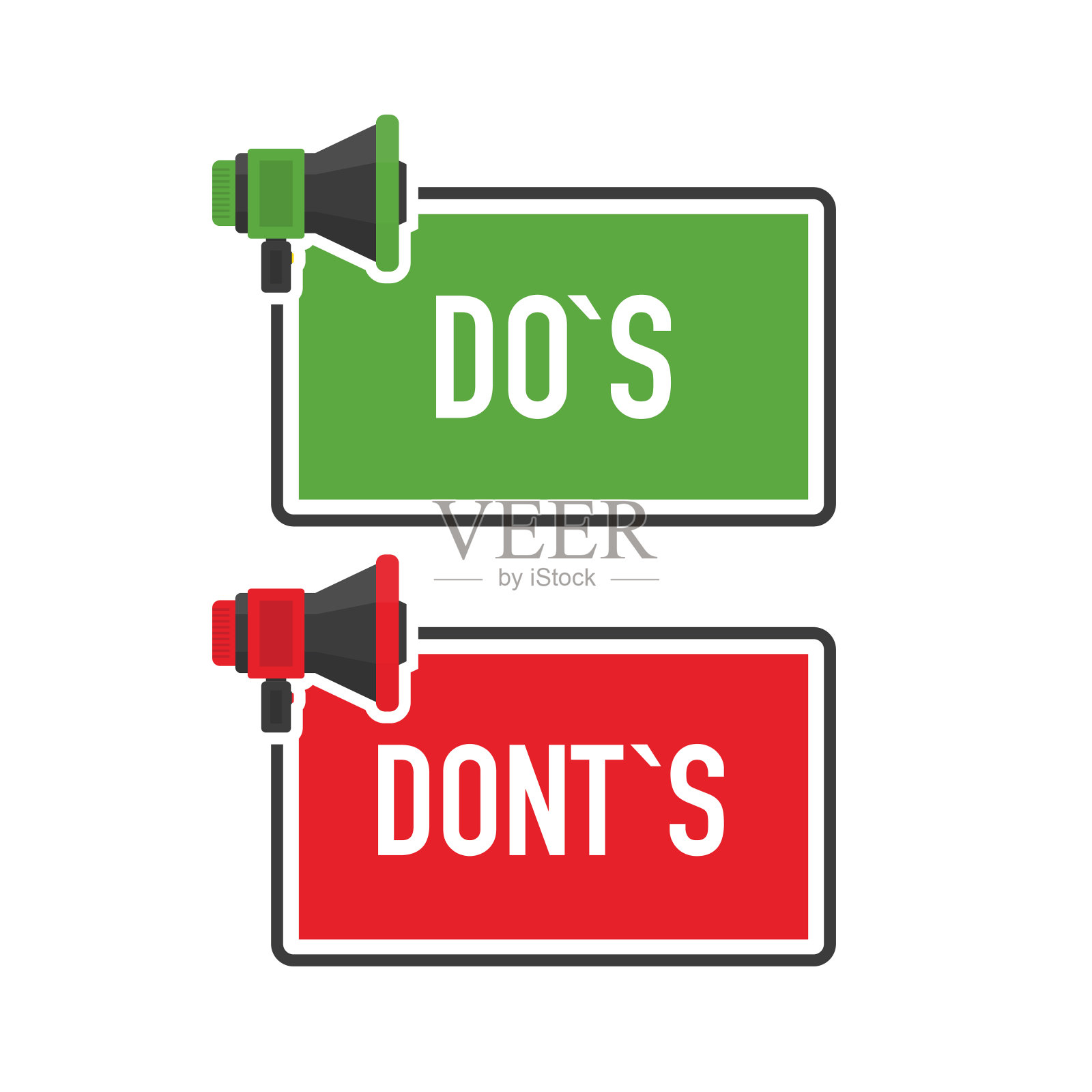 扩音器几何绿色和红色横幅与dos和不讲话气泡。平的风格。向量。插画图片素材