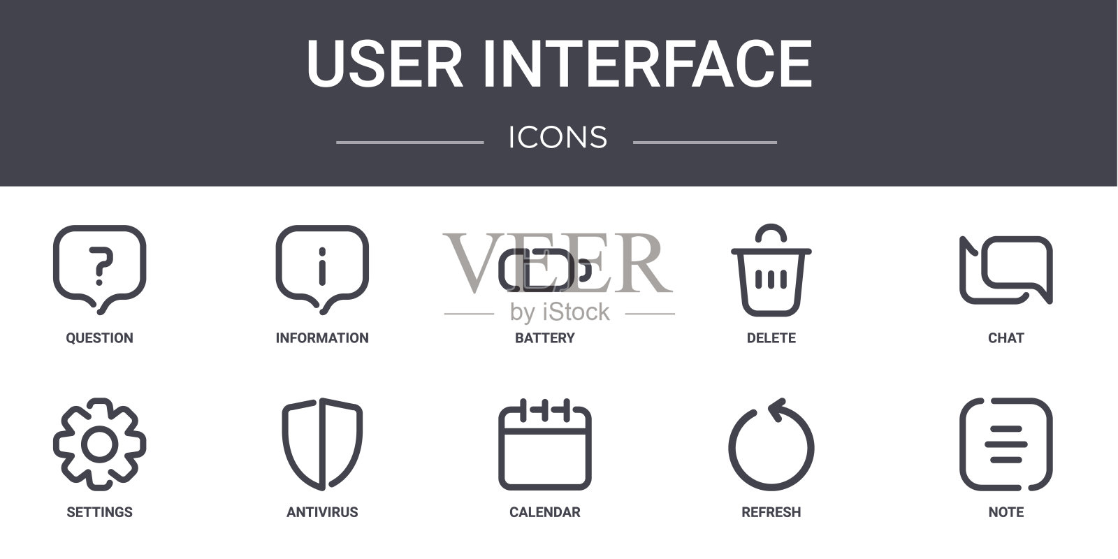 用户界面概念线图标集。包含图标,可用于web,徽标,ui/ux,如信息,删除,设置,日历,刷新,笔记,聊天,电池图标素材