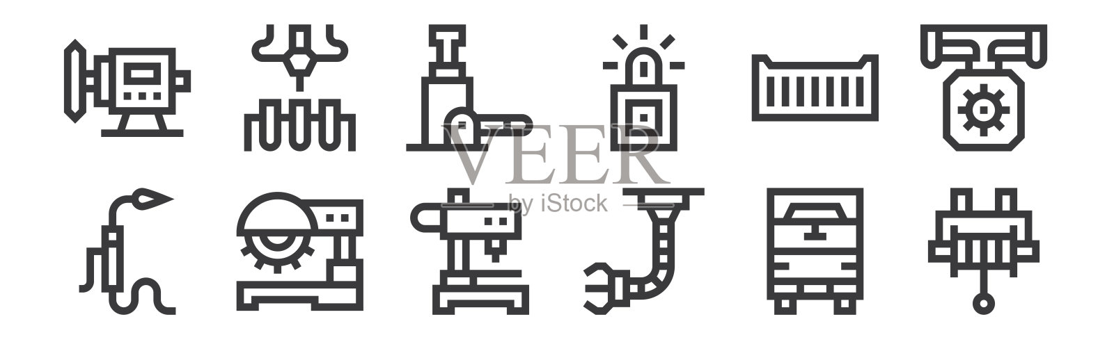 12套线性制造图标。细长轮廓图标,如绞车,机械手,锯机,集装箱,液压千斤顶,制造为网页,移动。图标素材
