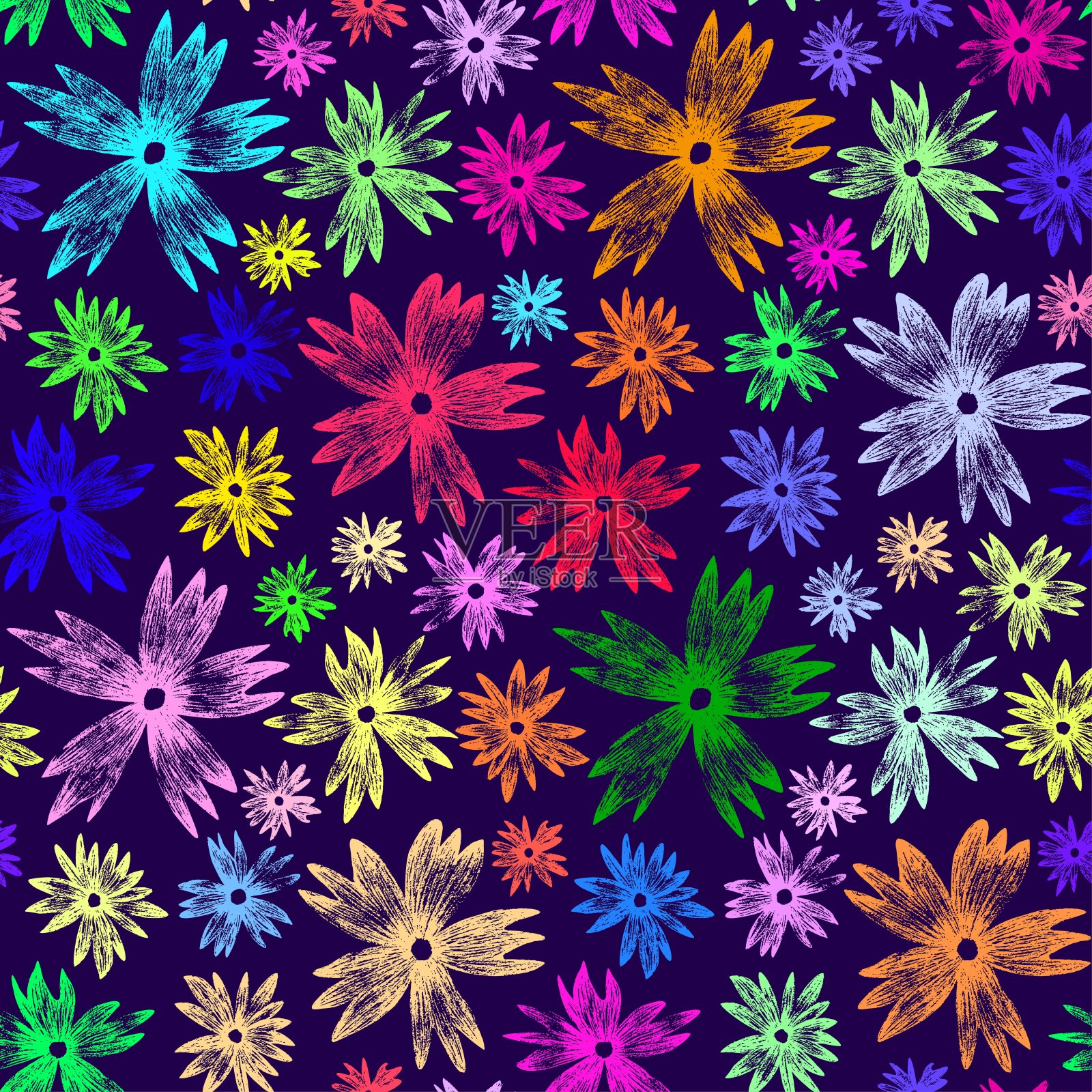 无缝的花卉图案。用铅笔在黑暗的背景上画出了古老的花朵。夏季纺织品印花。矢量插图。插画图片素材