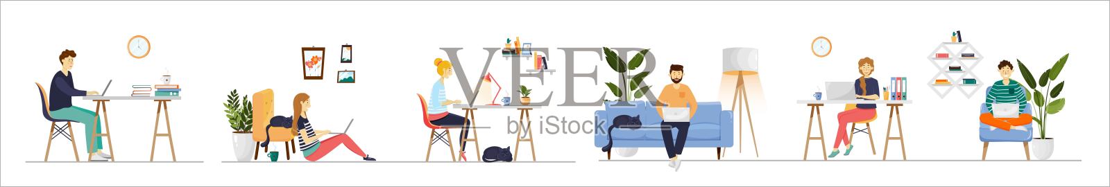 工作、自由职业或在家学习。自由职业者和学生坐在舒适的扶手椅上用笔记本电脑工作。年轻男女在公寓里工作。向量集。共同办公插画图片素材