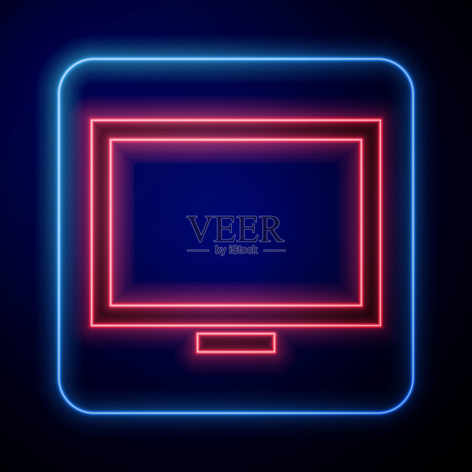 发光的霓虹灯相框上的表格图标孤立在蓝色的背景。矢量图插画图片素材