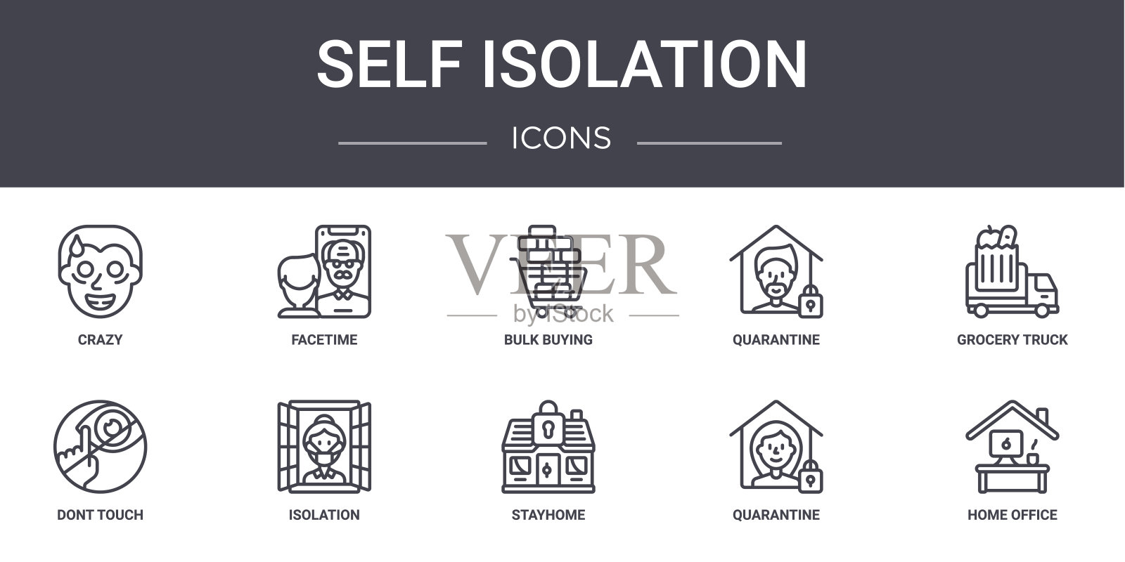 自隔离概念线图标集。包含图标可用于web,徽标,ui/ux,如facetime,隔离,不触摸,呆在家里,隔离,家庭办公室,杂货店卡车,批量购买图标素材