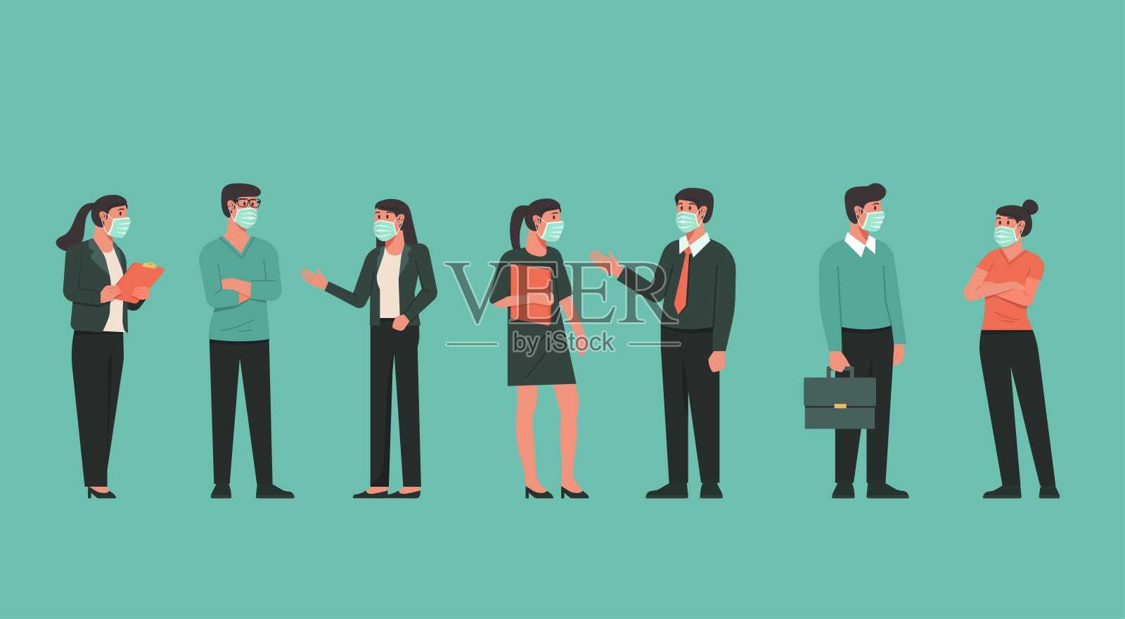 一群戴口罩的商务人士插画图片素材