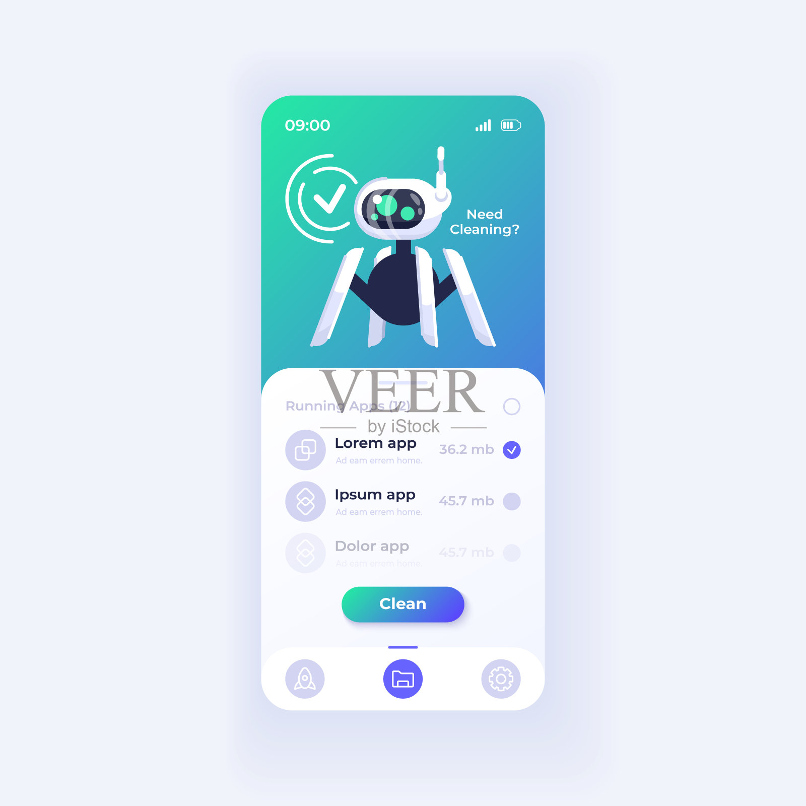 内存清理应用程序智能手机接口向量模板。手机app灯光主题设计布局。存储容量增加过程画面。应用程序的平面UI。手机显示插画图片素材