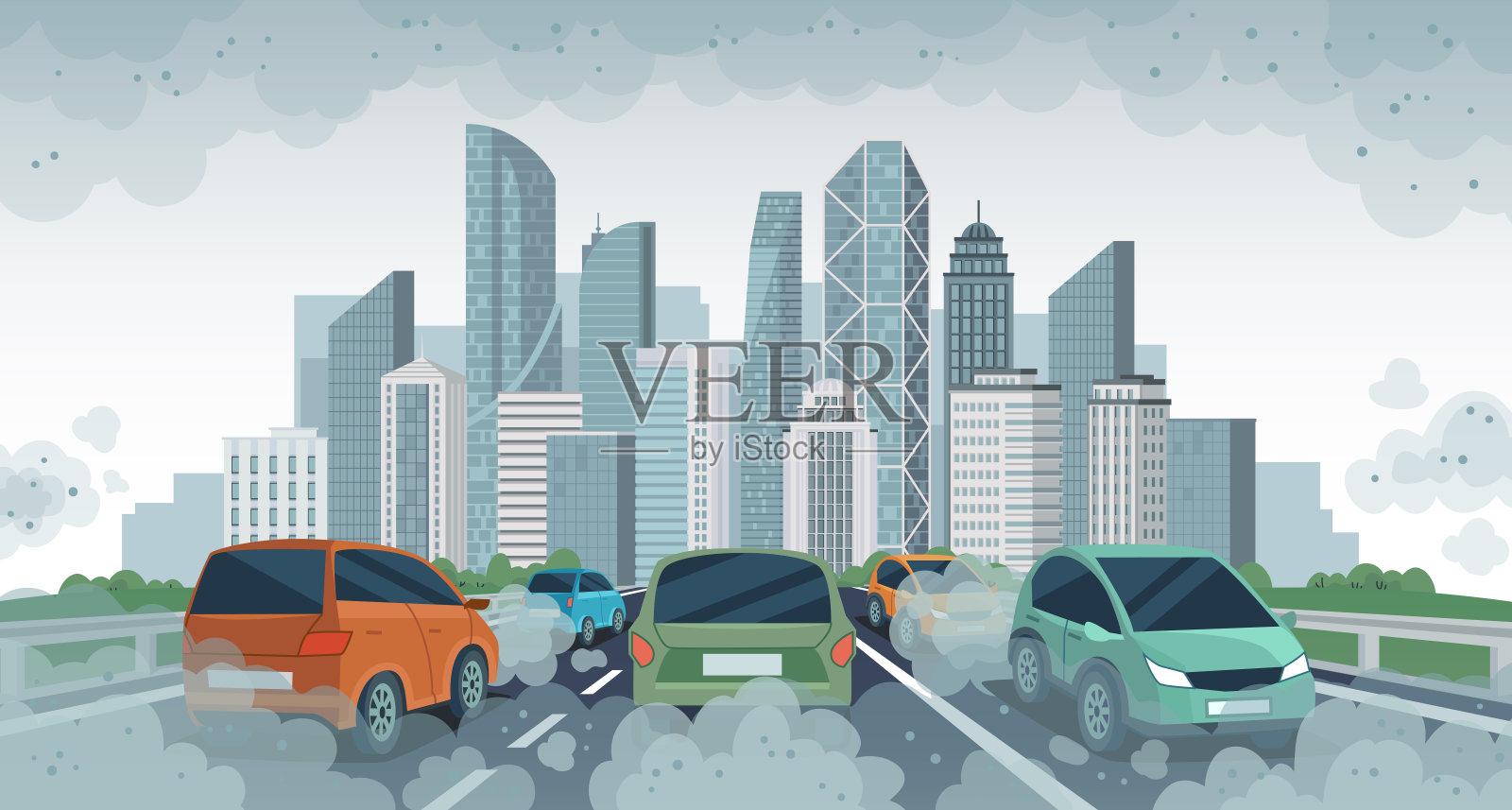 汽车空气污染。城市空气环境污染,车辆交通和有毒污染。汽车与二氧化碳云,矢量概念插画图片素材