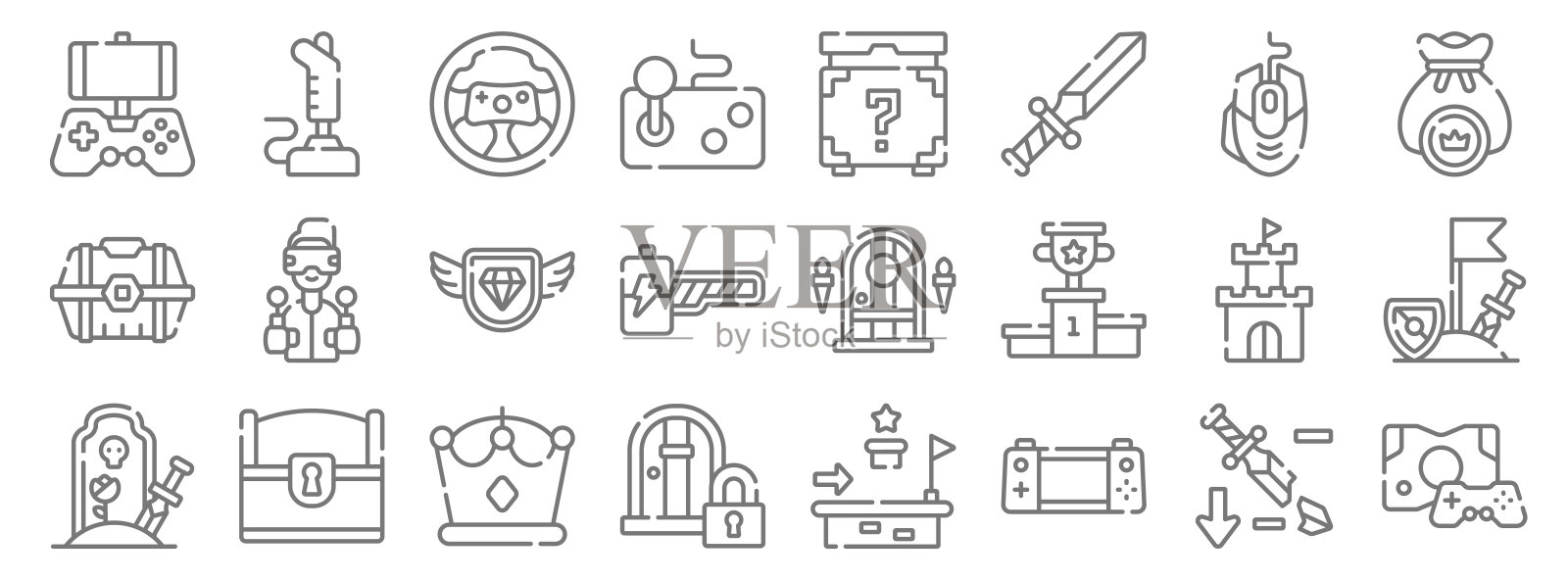 游戏图标。线性集。品质矢量线集游戏机、掌机、锁门、游戏结束、塔、钻石、钱袋、神秘、操纵杆等图标素材