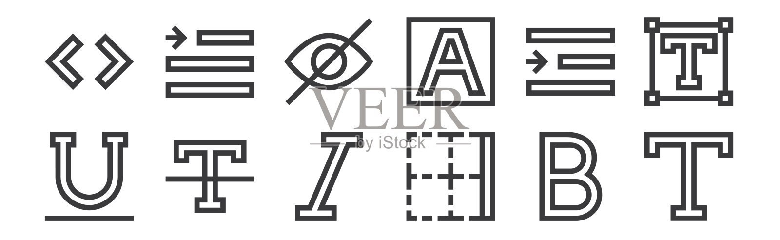 12套线性文本编辑器图标。细轮廓图标,如文本,边框,明确格式,右缩进,隐藏,右缩进,web,移动。插画图片素材