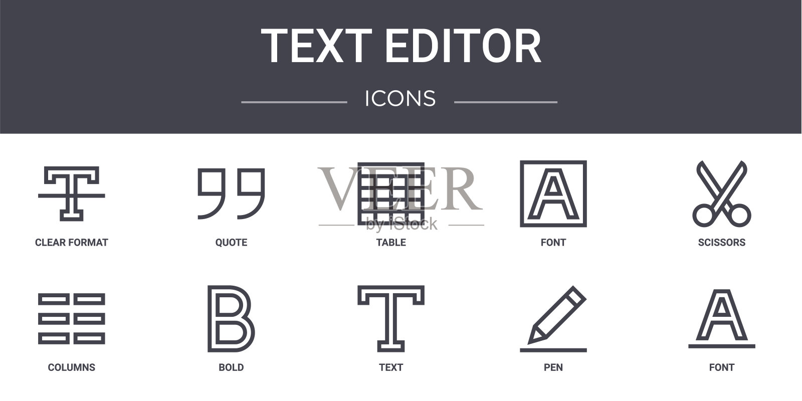 文本编辑器概念行图标集。包含图标可用的网页,徽标,ui/ux,如引用,字体,列,文本,笔,字体,剪刀,表图标素材