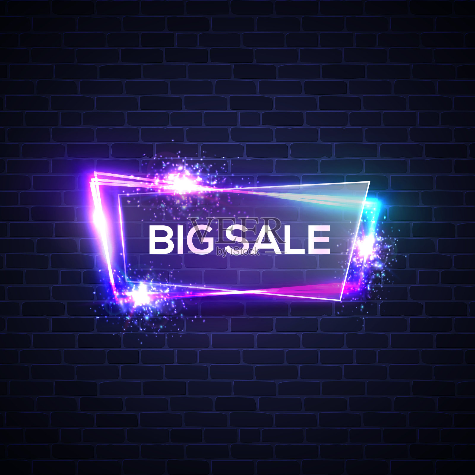 发光的霓虹字母玻璃透明板大减价。购物霓虹招牌以霓虹灯、爆炸、烟花等砖砌纹理呈现。夜总会电子音响架。3d折扣矢量插图。设计元素图片