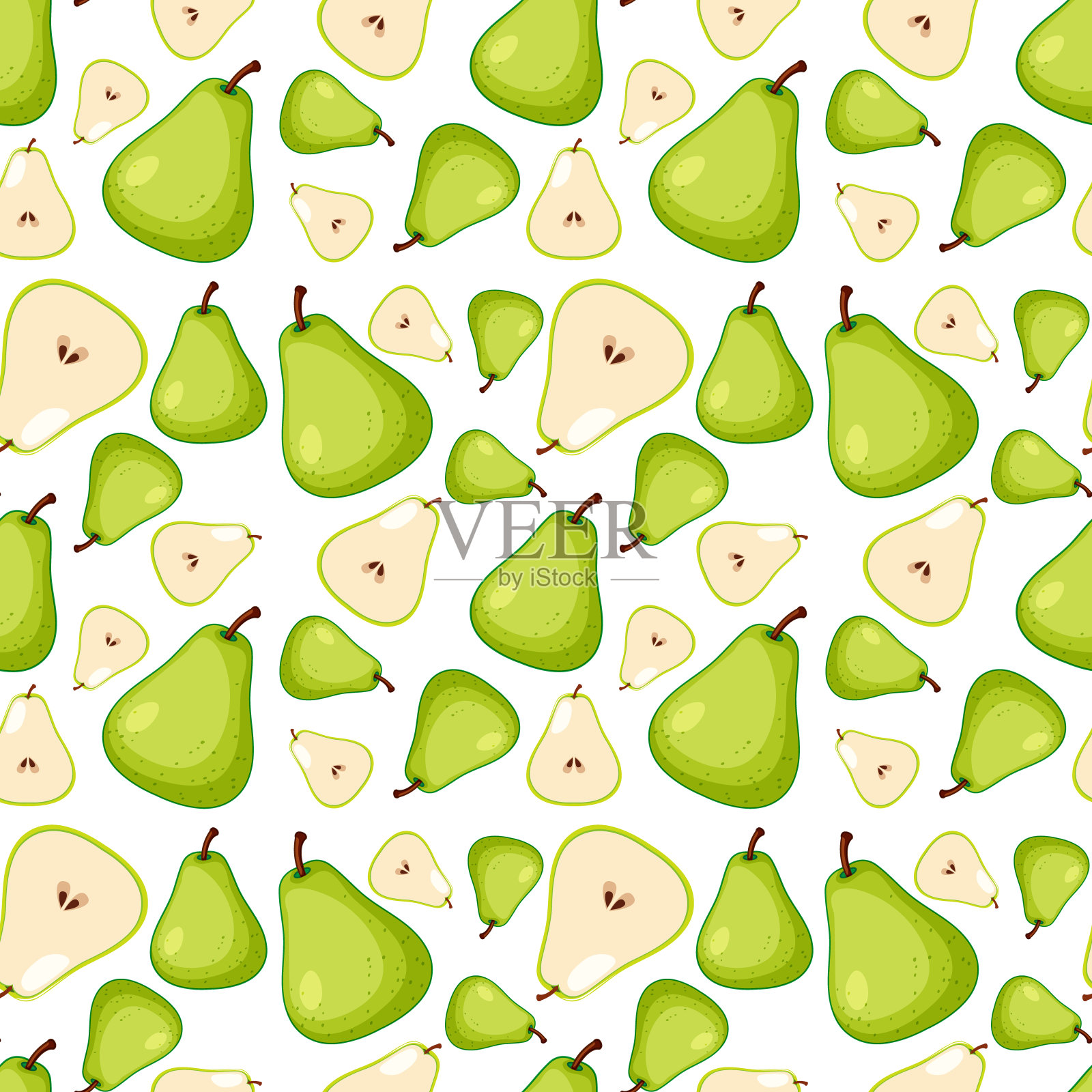 白色背景上的绿色梨无缝图案插画图片素材