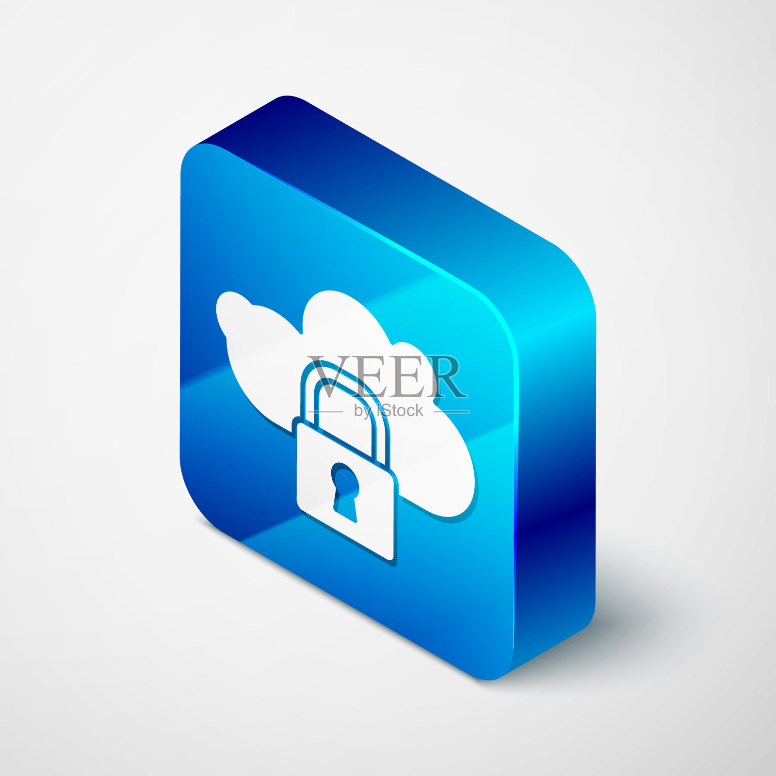 等距云计算锁定图标隔离在灰色背景。安全、安全、保护的理念。保护个人资料。蓝色方块按钮。矢量图插画图片素材