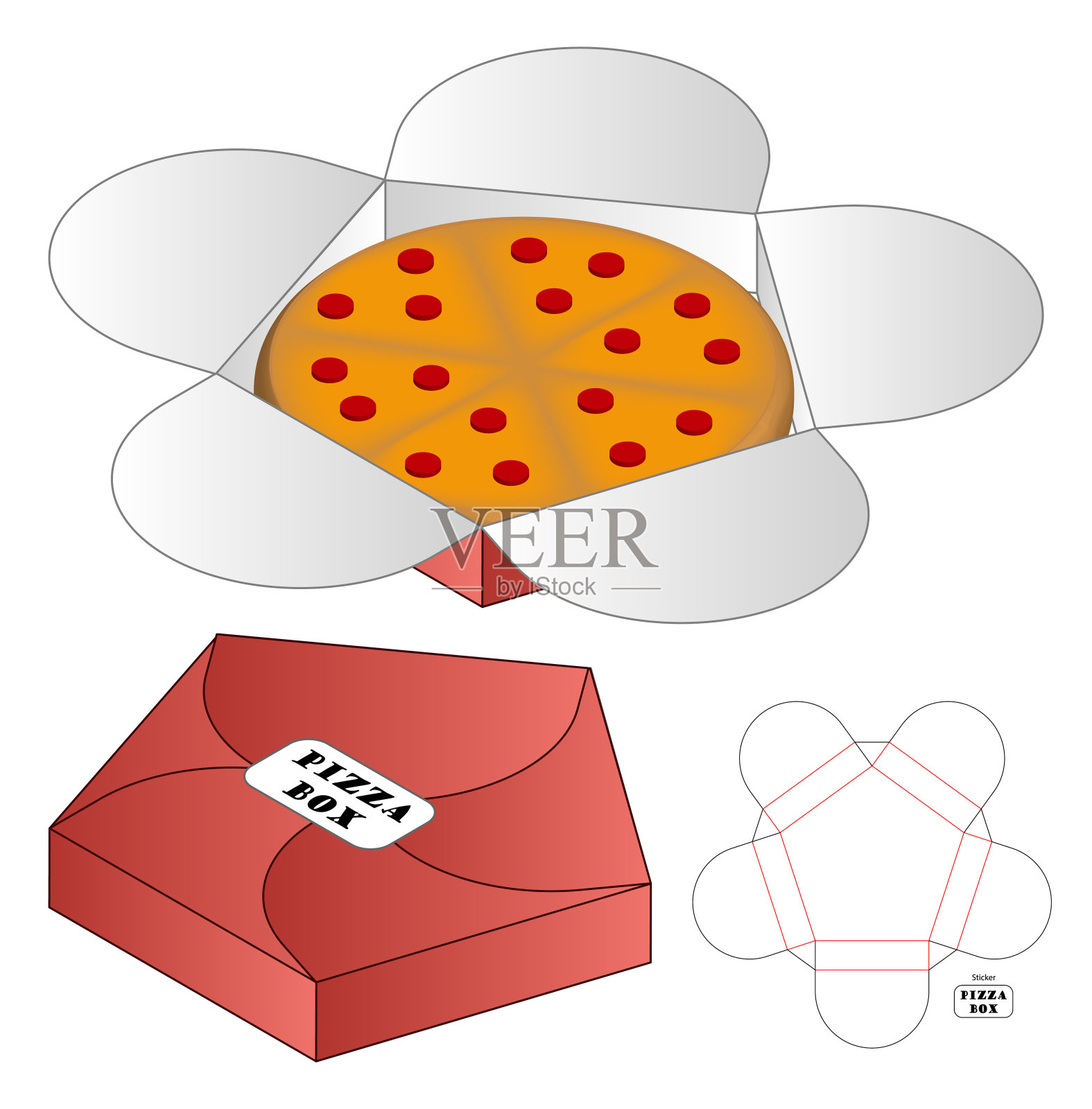 包装盒模切模板设计。三维模型插画图片素材
