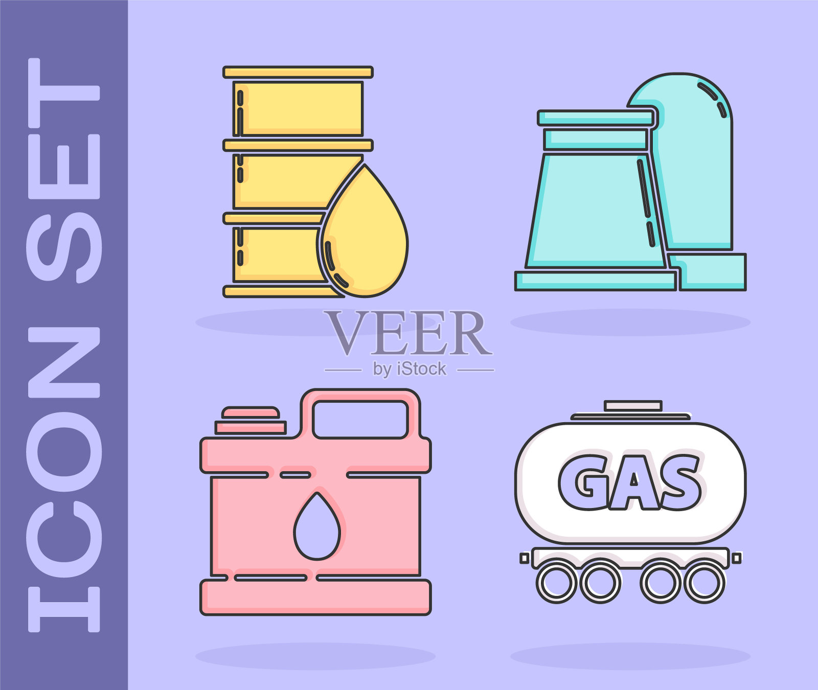 设有燃气铁路储罐、桶油、汽油机油罐及油气工业厂房标志。向量图标素材