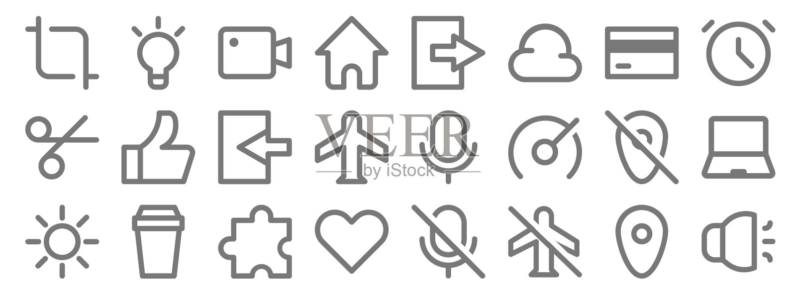 用户界面行图标。线性集。质量矢量线设置如声音,飞行模式,爱,亮度,无gps,登录,时钟,,灯图标素材