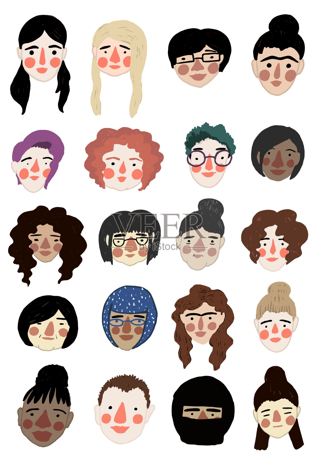 手绘简单的一组不同发型、肤色、种族和年龄的女性头部。大时尚矢量集合。设计元素图片