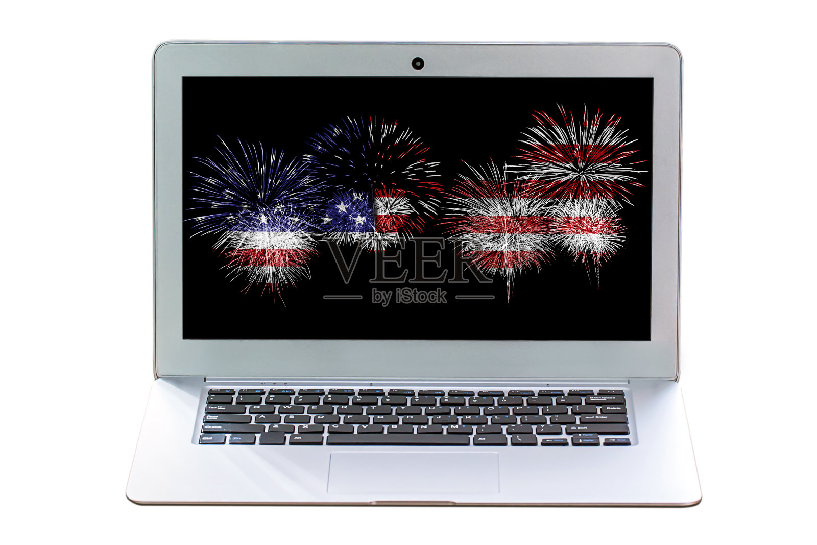 笔记本电脑或屏幕上有烟花图像的笔记本电脑。照片摄影图片