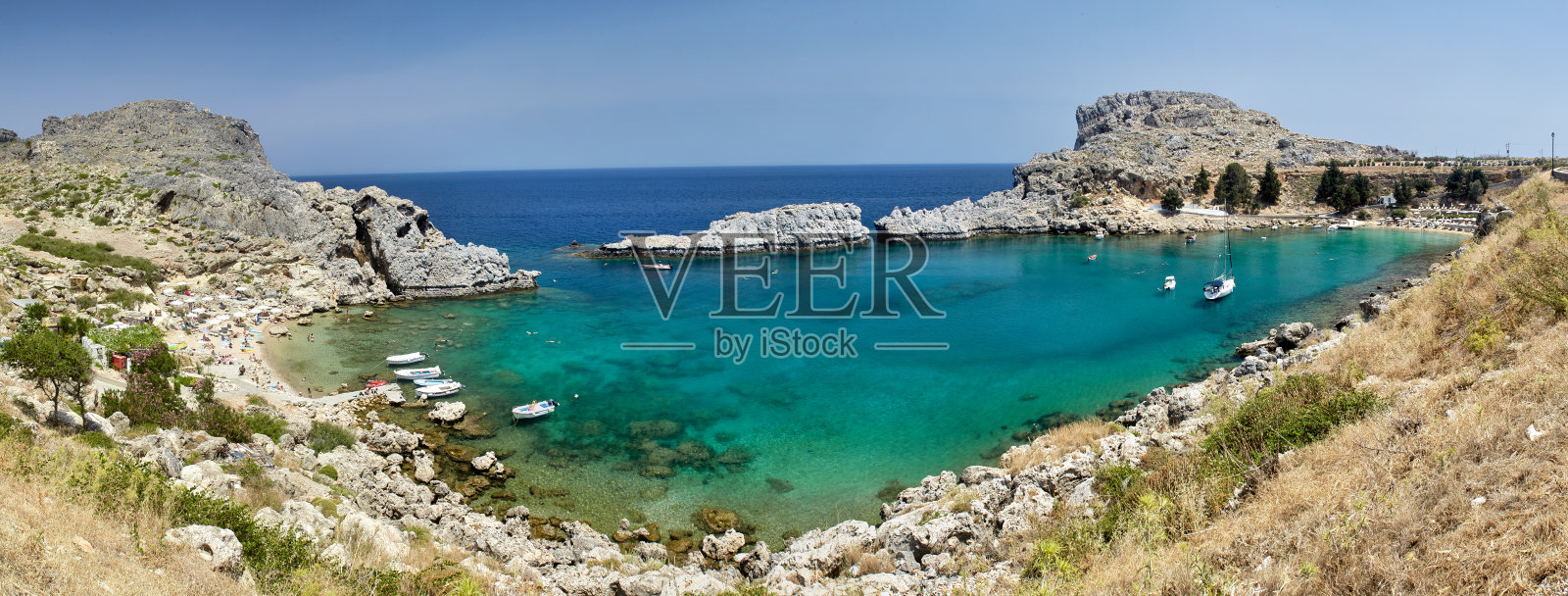 美丽的圣保罗海湾的全景附近的城镇林多斯,罗德,希腊照片摄影图片