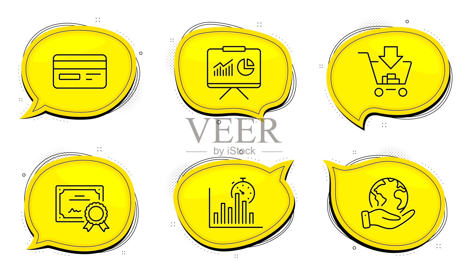 演示,报告计时器和信用卡图标设置。购物的迹象。向量图标素材